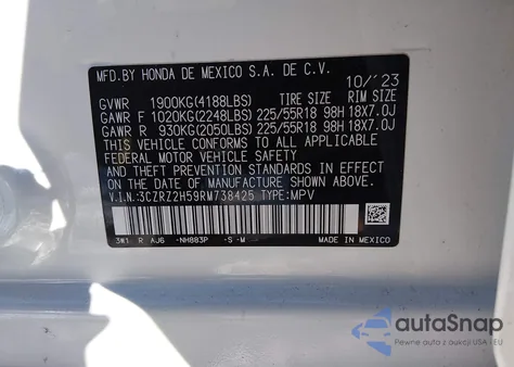 2024 Honda Hr-V Awd Sport/Awd Sport W/O Bsi z USA, uszkodzony, nr VIN 3CZRZ2H59RM738425